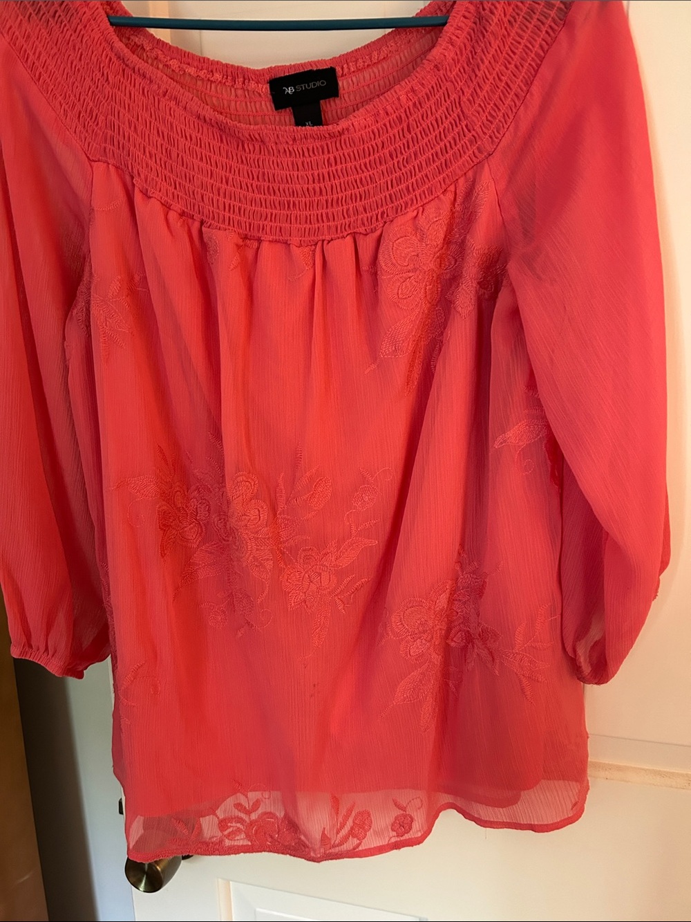 AB Studio Coral-Red Embroidered Peasant Top